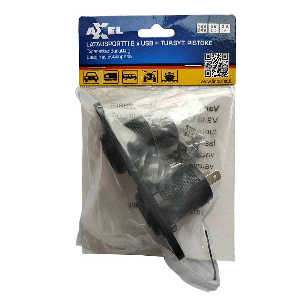 Axxel Latausportti 2xUSB tupakansytyttimellä IP44