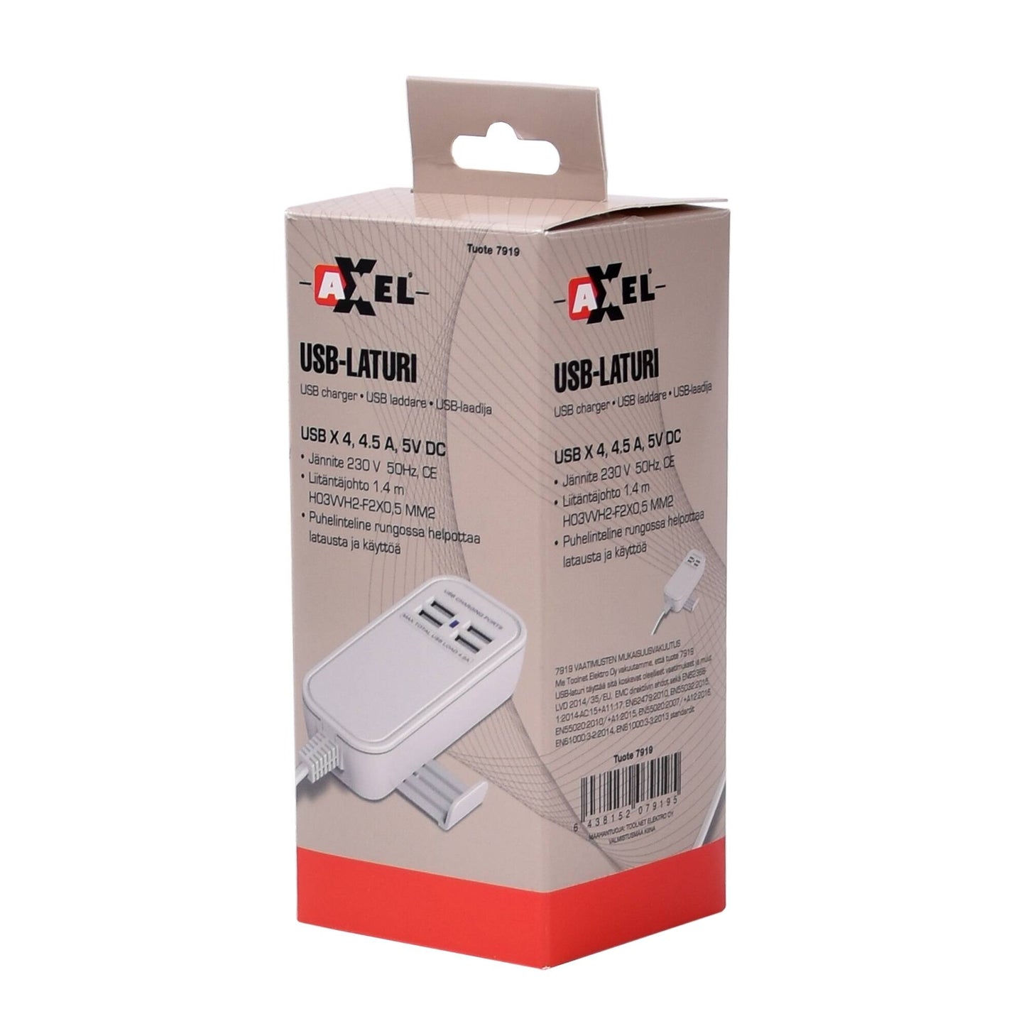 Axxel USB-laturi 4 paikkaa 4.5A 230V