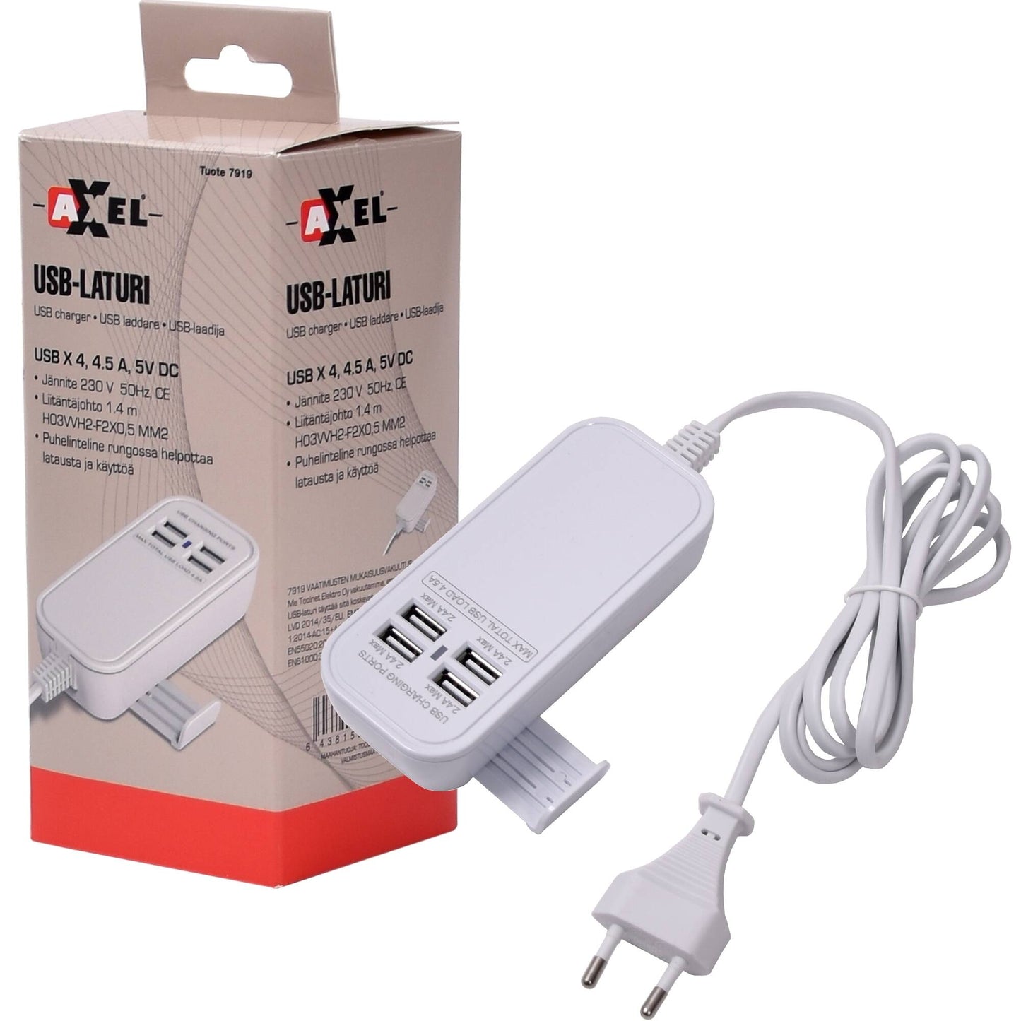 Axxel USB-laturi 4 paikkaa 4.5A 230V