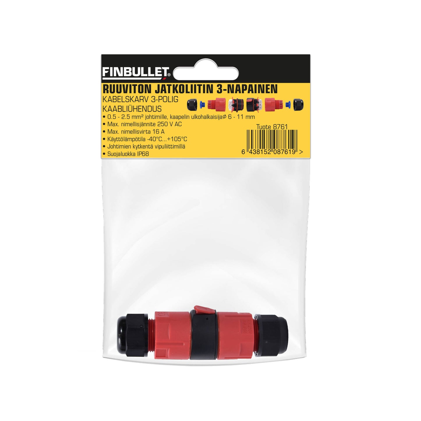 Finbullet Screwless extension connector 3-pin IP68 0.5-2.5mm²