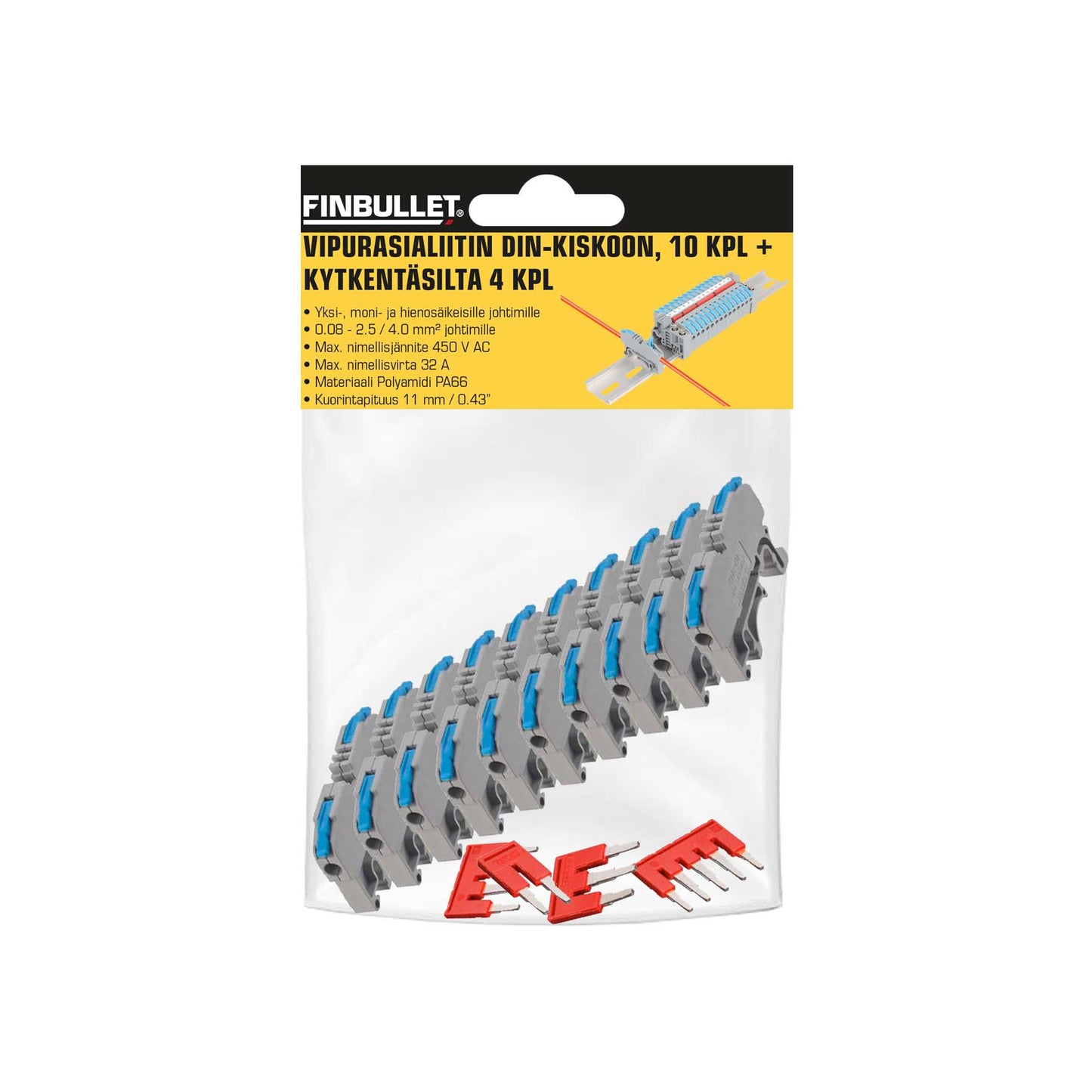 Finbullet Lever box connector to DIN rail 10 pcs and connecting bridge 4 pcs