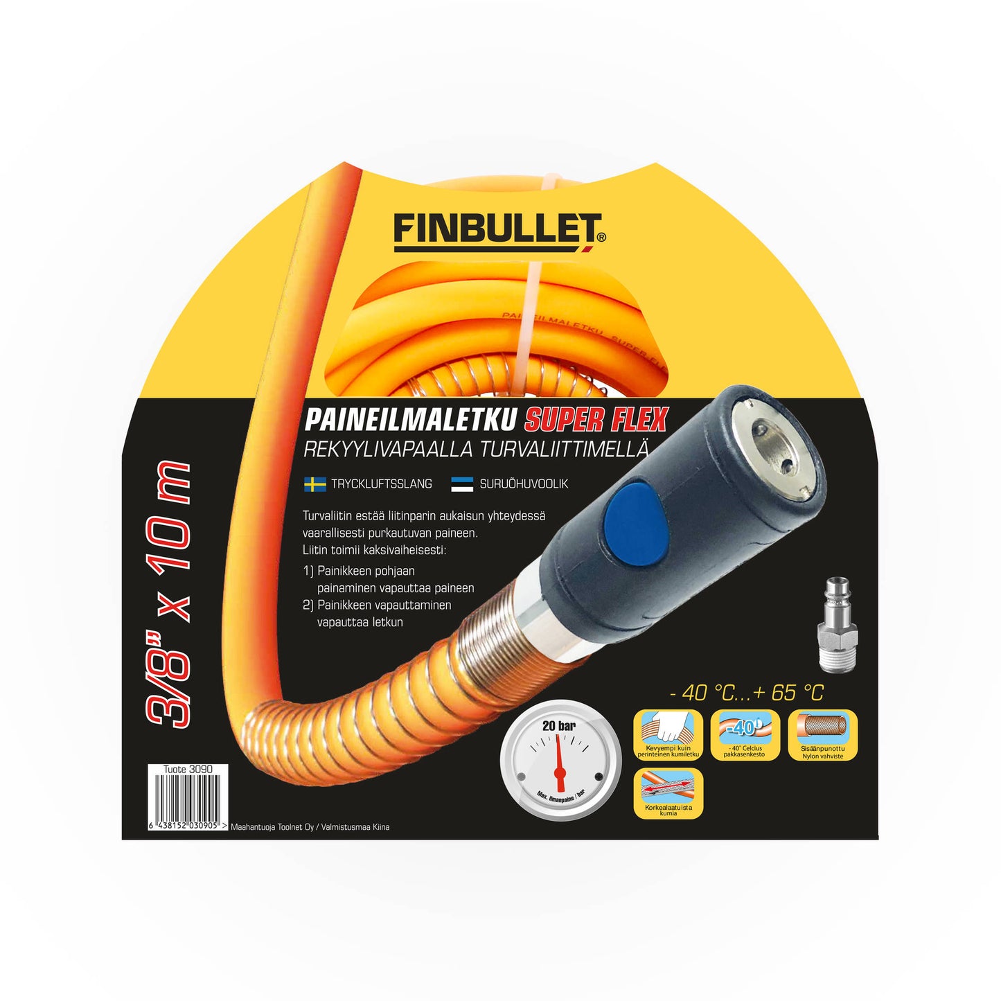 Compressed air hose 3/8" x 10 m with recoil-free safety connector
