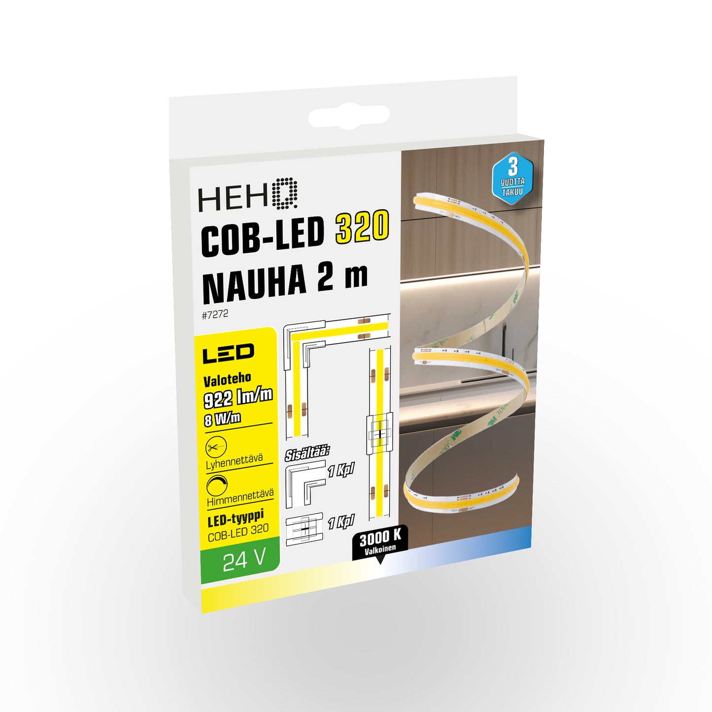 COB-LED 320 NAUHA 2 m, 922 lm/m, 8 W/m, 3000 K, 24 V