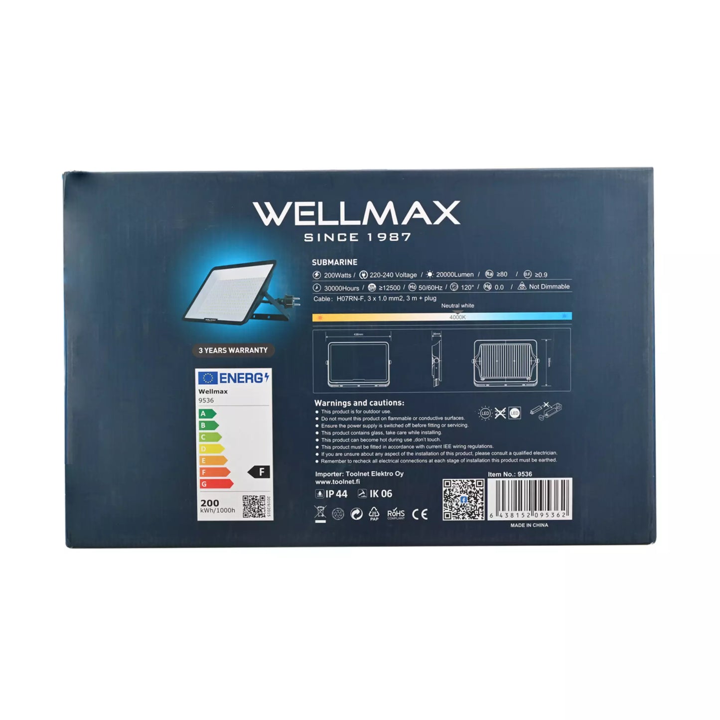 WELLMAX Työvalaisin Samsung LED 200 W, IP66, 20 000 lm, 4000 K, 230 V, 3m H07RN-F 3x1