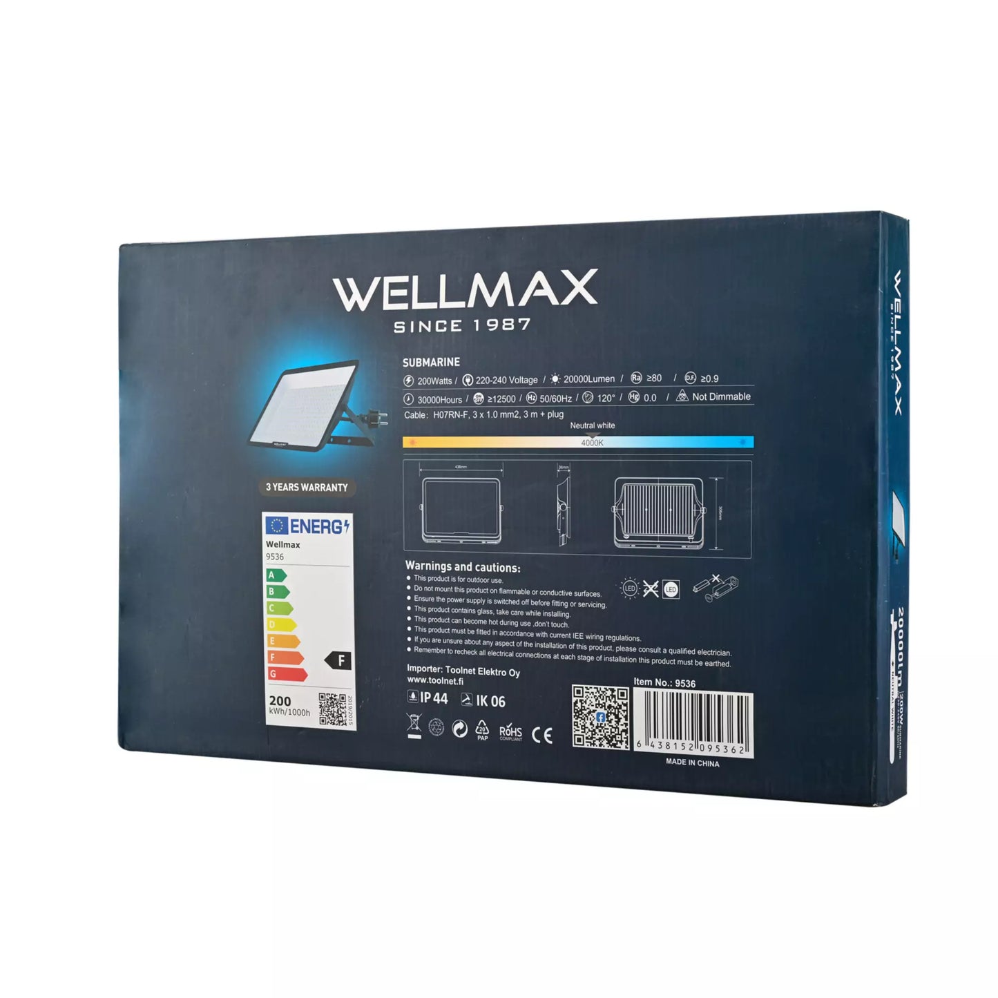 WELLMAX Työvalaisin Samsung LED 200 W, IP66, 20 000 lm, 4000 K, 230 V, 3m H07RN-F 3x1