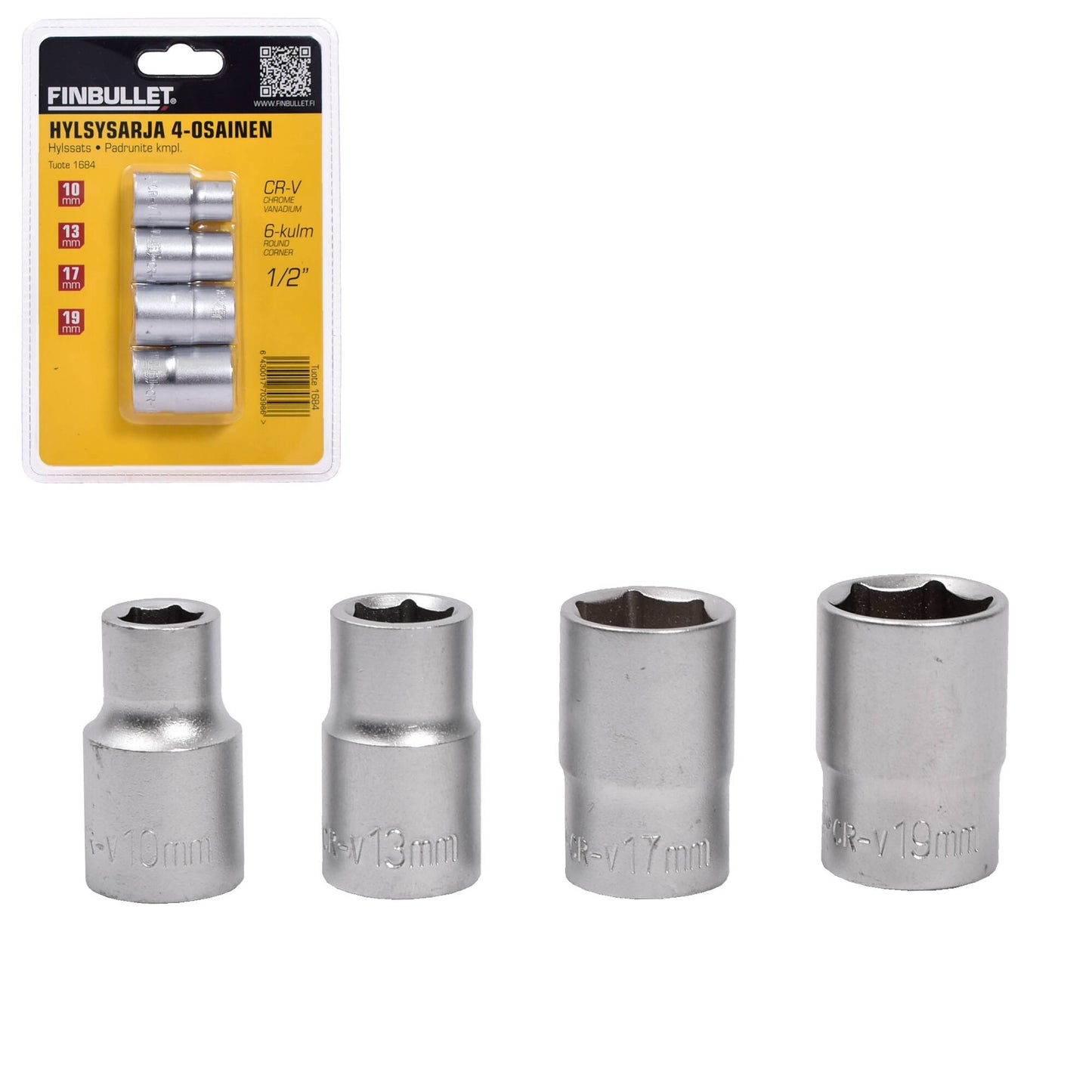 Finbullet Loose socket set 1/2" 10-19mm 4-part