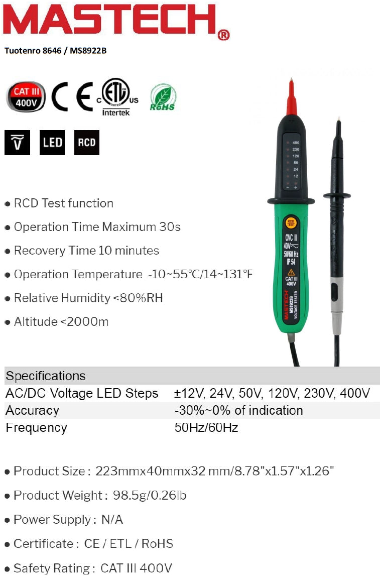 Mastech Voltage tester CAT III 400V