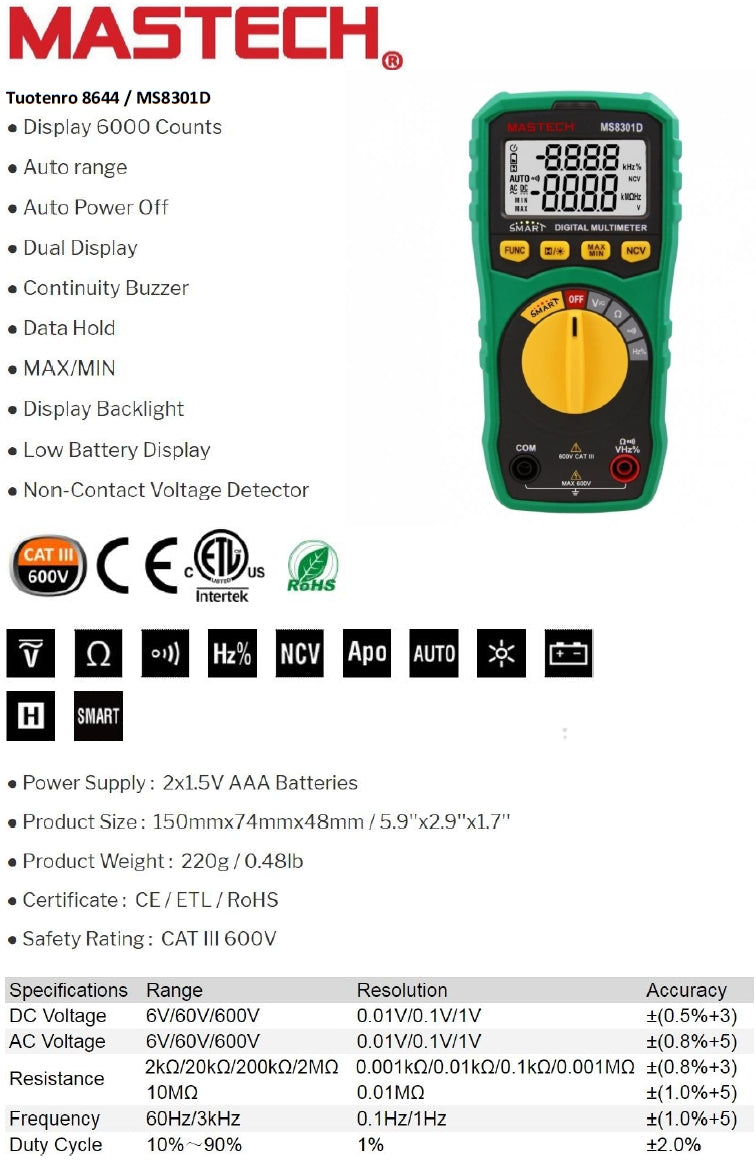 Mastech SMART yleismittari CAT III 600V